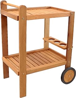 Sunnydaze Outdoor Wood Bar Cart with Wheels - Malaysian Hardwood with Te...