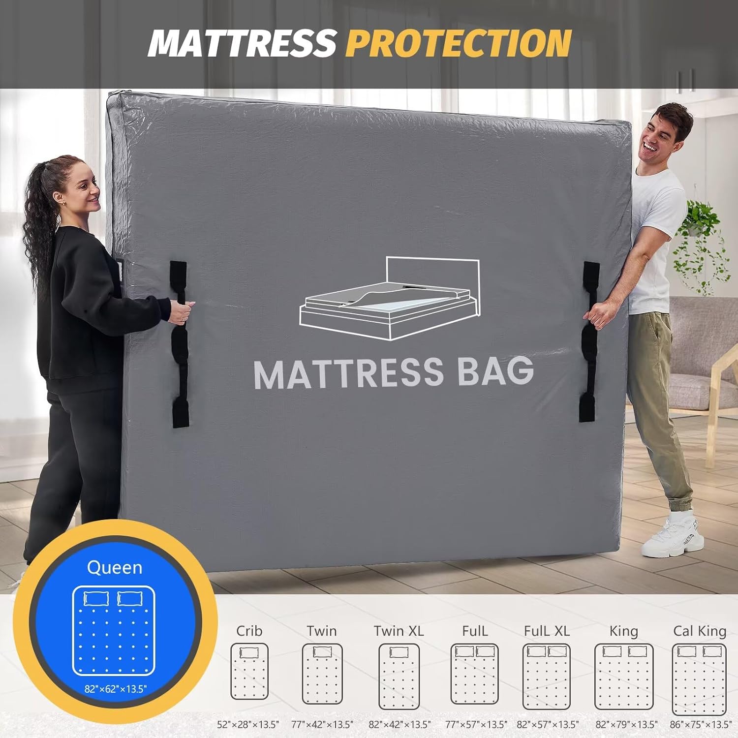Mattress Bags for Moving and Storage, BETU Twin Mattress Protector Waterproof Mattress Cover with 8 Heavy Duty Handles and Zipper Extra Thick Moving Supplies for Dorm Bed Reusable (77x42x13.5 Grey)