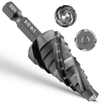Four Spiral Flute Step Drill Bit, HSS Step Drill Bits 1/4"-3/4" Unibit Step Drill Bit, 1/4" Shank Step Bits for Aluminum, Wood, Plastic, Metal
