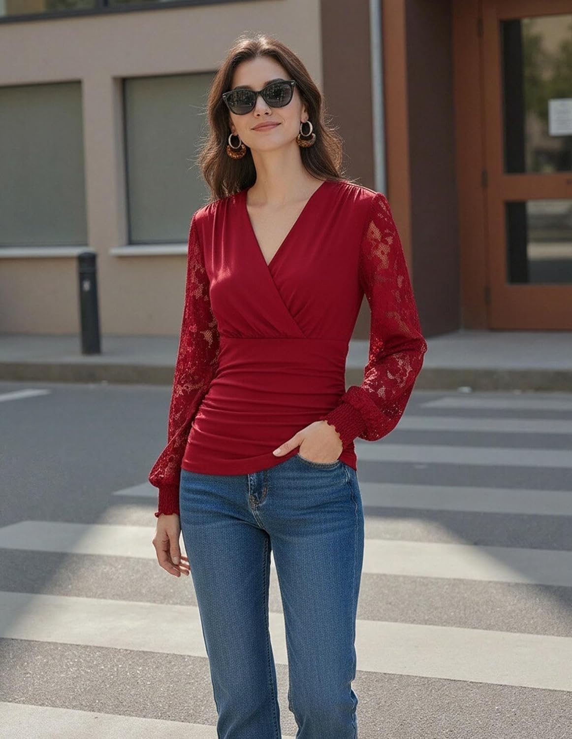 GRACE KARIN Womens Tops Dressy Casual, Elegant Lace Sleeve Shirts Wrap Ruched Blouses, 2026 Spring Fashion Outfits - Image 7