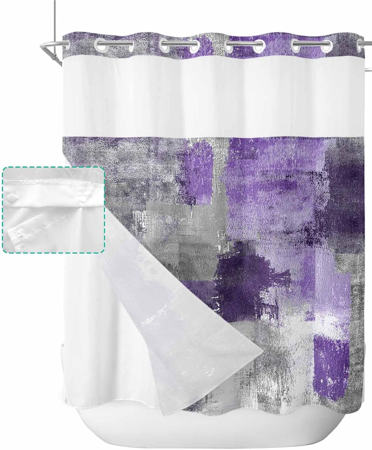 No Hook Shower Curtain with Snap in Fabric Liner Set-Abstract Purple Grey Smear Graffiti Bathroom Curtains with See Through Mesh Top Window,Oil Painting Art Waterproof Double Shower Curtain 66x72In
