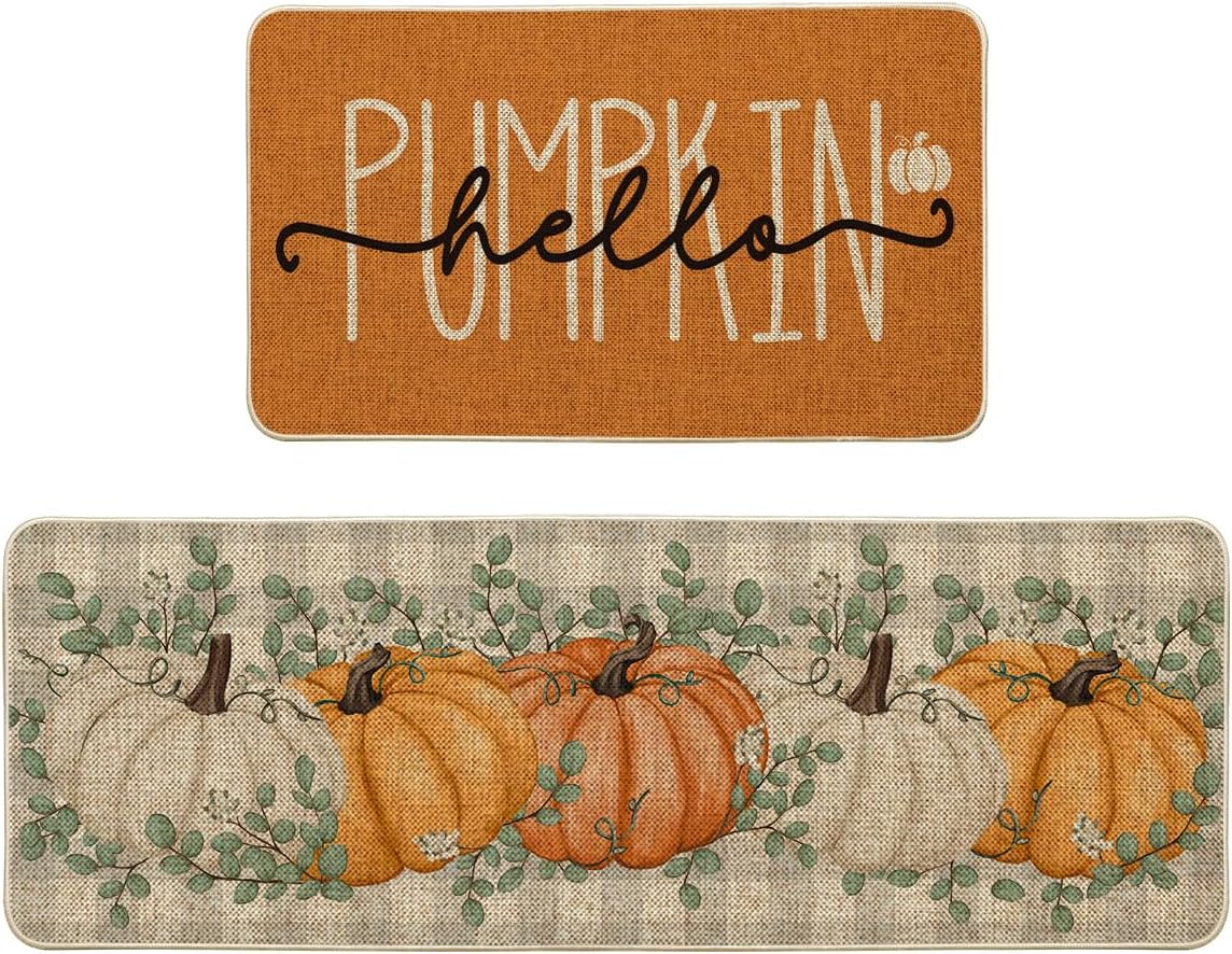 Artoid Mode Orange Pumpkins Kitchen Mats 2 pcs and Placemats Set of 4 for Kitchen Decoration