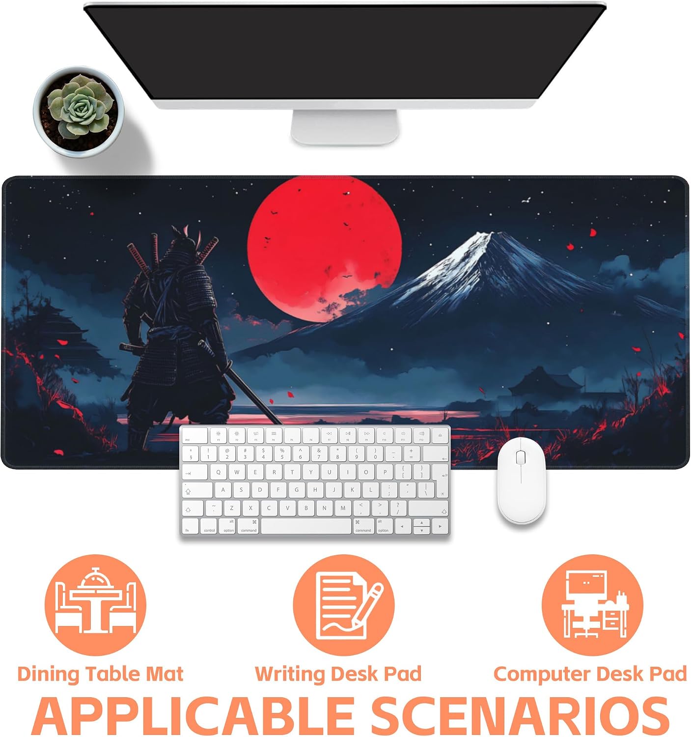 Mouse Pad Large Samurai and Red Moon Non-Slip Game Desk Mat with Stitched Edge Laptop Keyboard Desk Pad for Work Home Gaming (35.4 x 15.7 Inches) image 4