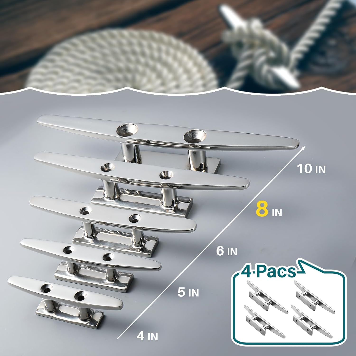 Boat Cleats, Marine Grade 316 Stainless Steel Boat Mooring Cleat Pack of 4, Installation Accessories Included