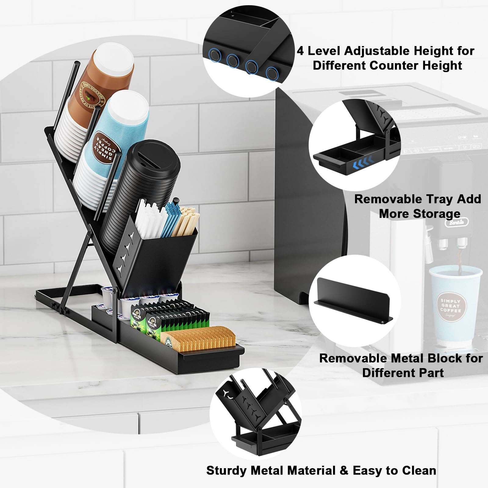 Porta tazze e coperchio con cannuccia, organizer per stazioni di caffè, 3 scomparti, per accessori da bar e caffè, piano di lavoro, bicchieri di carta usa e getta, bicchieri di plastica,