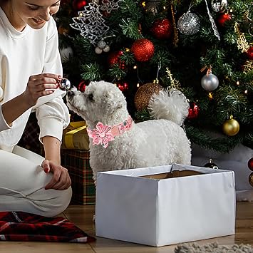 Christmas Dog Collar with Flower Bow - Cute Pink Christmas Santa Dog Collars, Adjustable Heavy-Duty Winter Holiday Bowtie Collar for Small Medium Large Boy Girl Dogs S