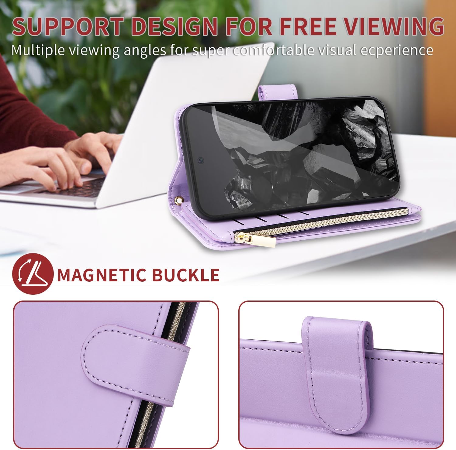 Wallet Case for Google Pixel 9 Pro XL with Wrist Strap Crossbody Shoulder Strap Zipper Purse Card Holder Slots Protector Stand Cell Accessories Phone Cover Pixel9 9Pro 9ProXL Nine Girls Purple image 3