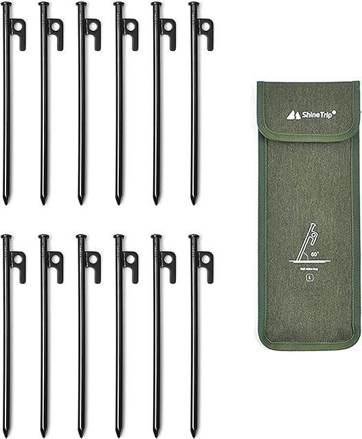 TaylorHe EXTRA STRONG TENT PEGS Pack of 12 Black 25CM 10inch Heavy Duty Metal Steel Tent Pegs Stakes Peg with Strong Canvas Pouch for Outdoors Travelling Hiking Camping