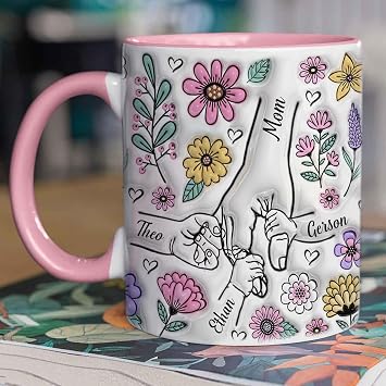 Personalized Mama Mug, Custom Holding Mama's Hand with Kids name, Christmas Mothers day Mug Gifts for Mom, Grandma, Mimi, Nana, Personalized Coffee Cups for Mom