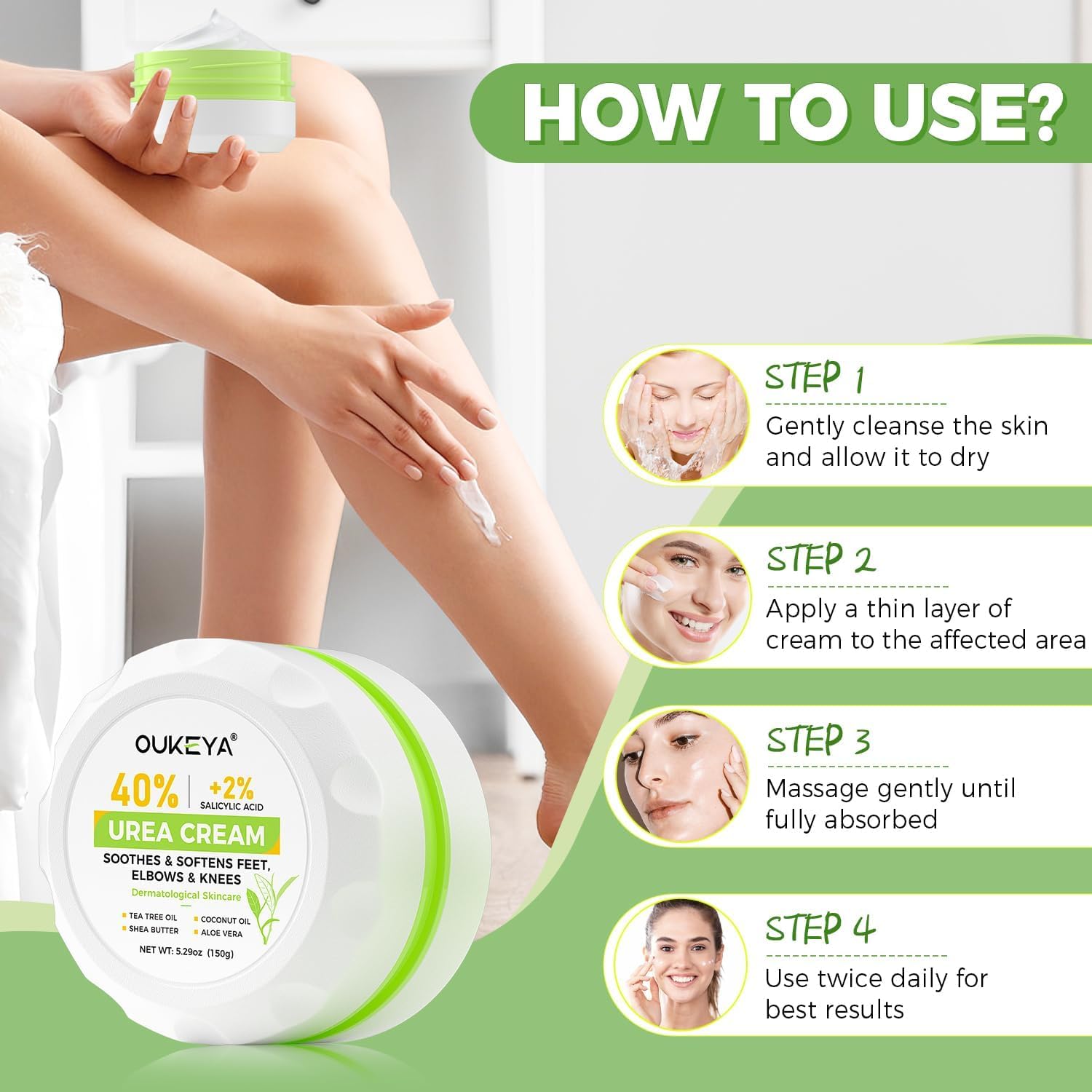 OUKEYA 40 Percent Urea Foot Cream,with Salicylic Acid,Tea Tree Oi & Ceramides,Cracked Heel Smooth | Dry Skin Exfoliator | Nourishes | For Foot,Hands, Elbows, Knees 5.29 Oz