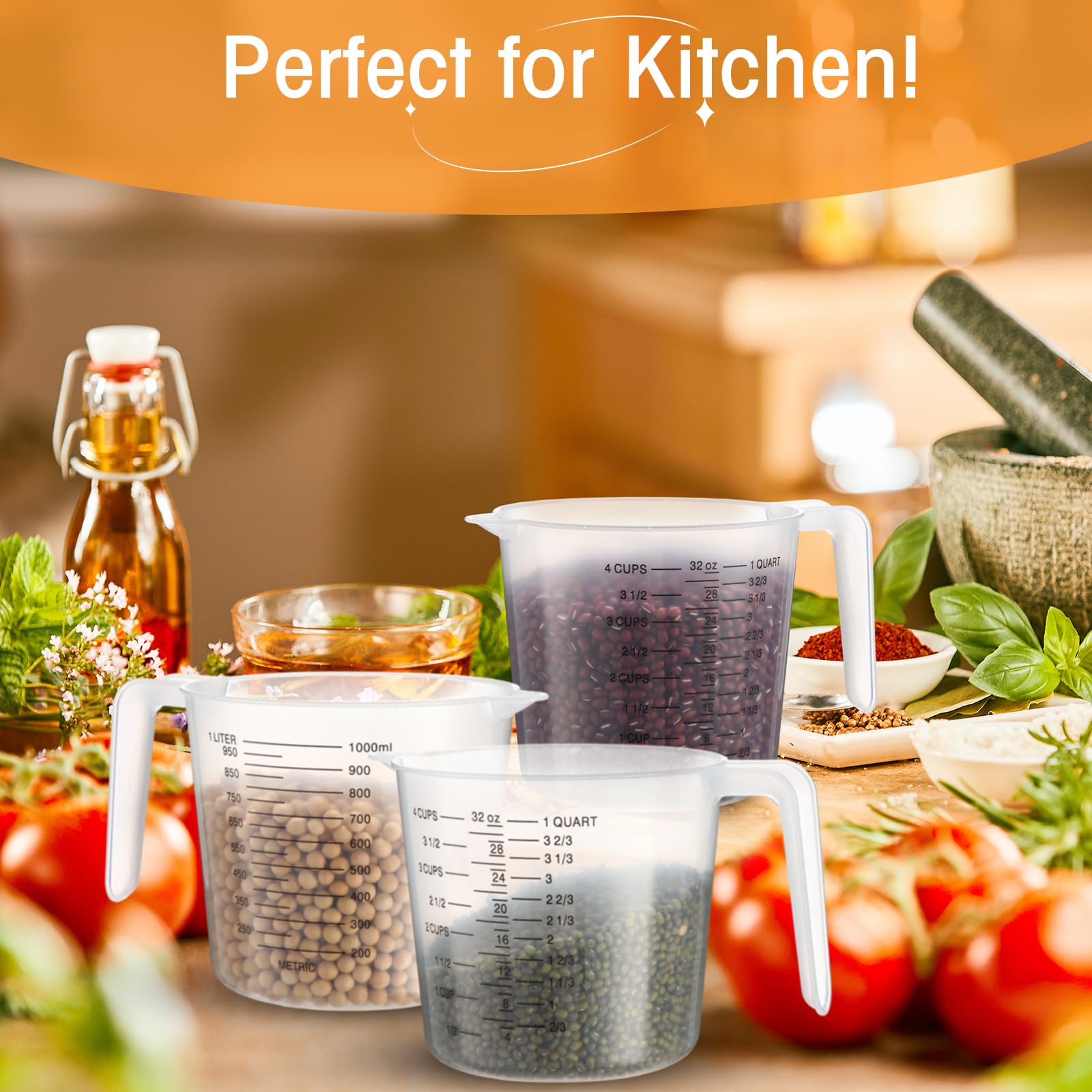 Fabbay 24 tazas medidoras de plástico con capacidad para 4 tazas de 1000 ml, tazas medidoras graduadas transparentes con boquilla y asas, marcado de onzas y ml para ingredientes de receta, harina