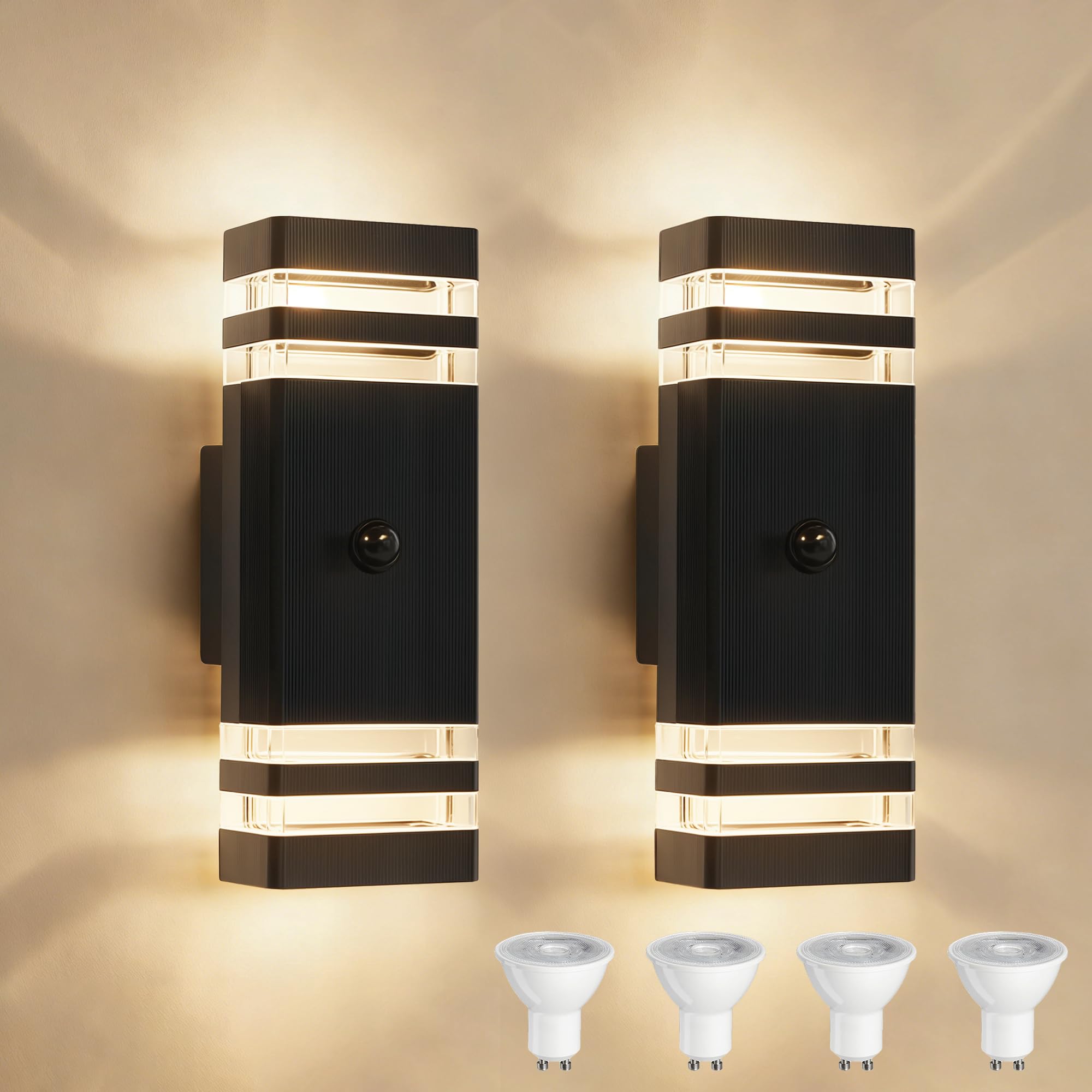 YOVGQOLV Outdoor Wall Lights PIR Motion Sensor, IP54 Waterproof Up Down Outside Light Mains Powered for Front Door Porch, Incl. 4x5w 3000K GU10 Bulb, Aluminium Exterior Wall Lamp, Black, 2 Pack