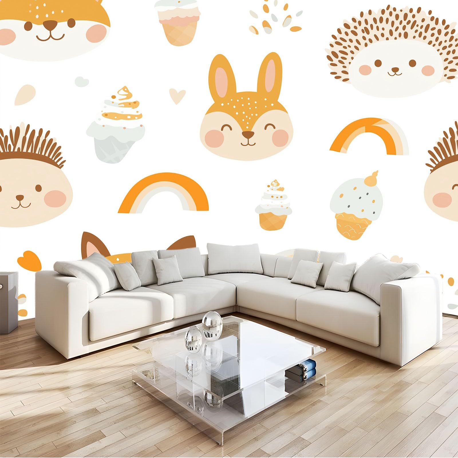 Fototapeta z efektem 3D, kreskówki, zwierzęta, lody, biała, tapeta 500 x 280 cm, tapeta z włókniny, nowoczesna tapeta ścienna, salon, sypialnia, pokój dziecięcy, dekoracja ścienna, tapeta z motywem