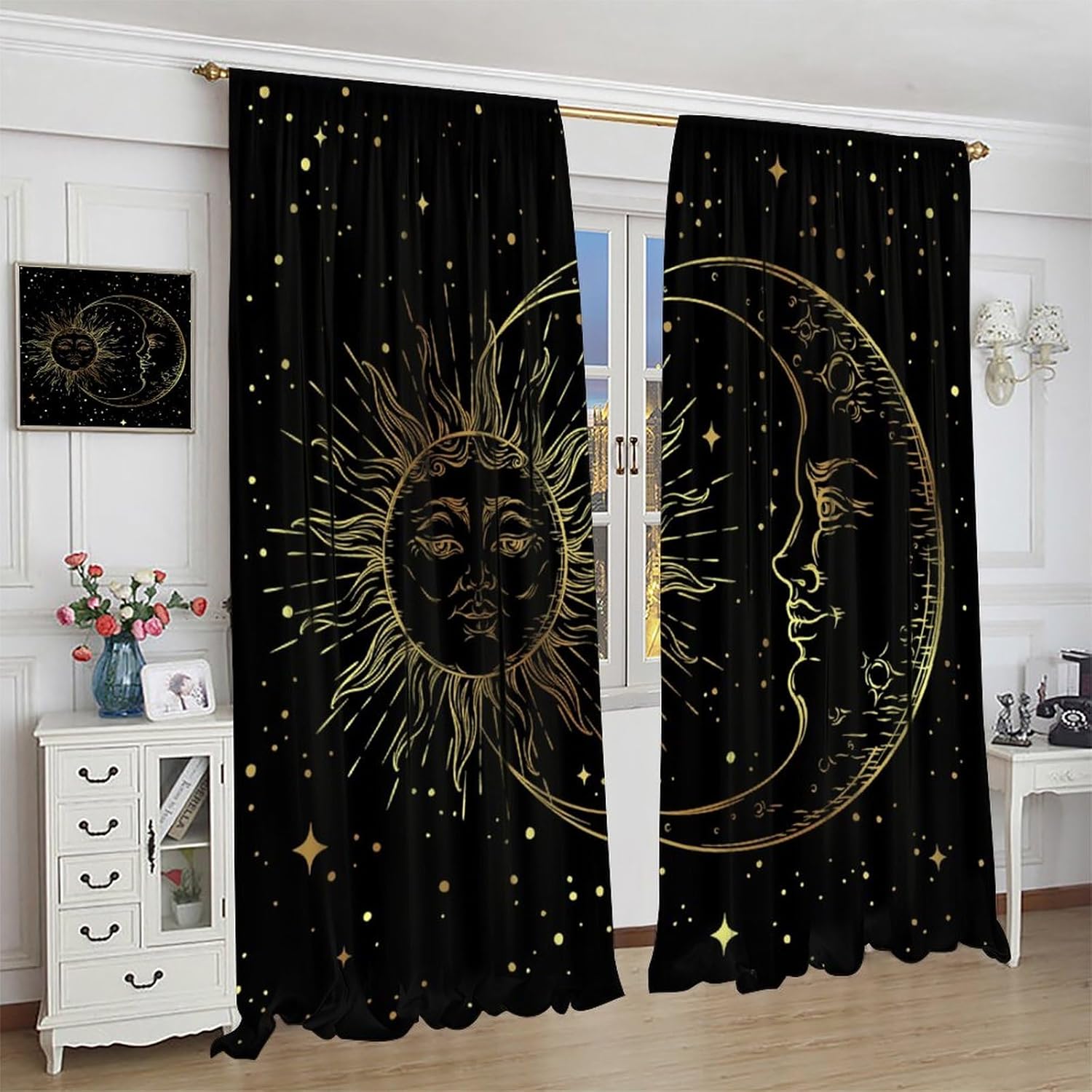 Boho Moon Curtain, Golden Moon Sun Stars Black Background Blackout Window Treatments, Rod Pocket Thermal Insulated Drapes 2 Panel Sets for Bedroom Living Room, 42" W X 63" L