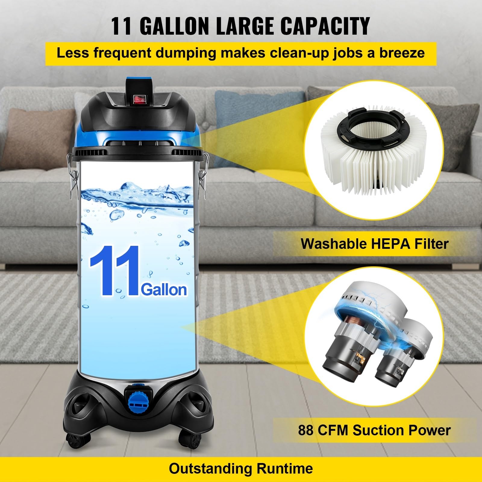Colector de extractor de polvo Wet & Aspiradora en Seco 6.5-13.5 Gal. de filtración HEPA for la limpieza del hogar y del lugar de trabajo(11 Gallon (40 L))