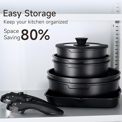 Miniatura 3 de JEETEE Juego de ollas y sartenes antiadherentes con mango extraíbledesmontable (25 piezas, negro, 25 piezas)