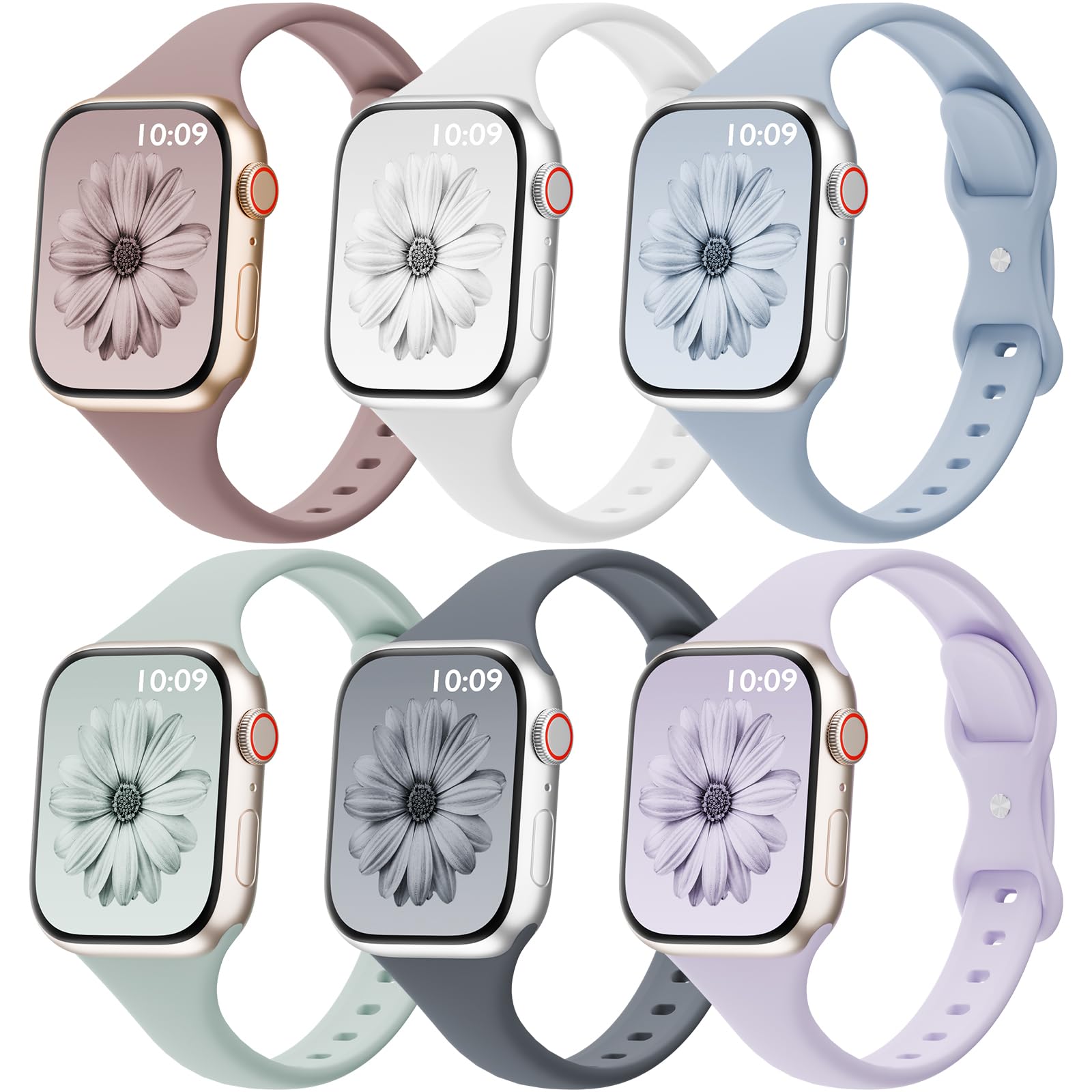 6 Pack Thin Bands Compatible with Apple Watch Band 38mm 40mm 41mm 42mm 44mm 45mm 46mm 49mm Women Men, Sport Silicone Strap Slim Wristband for iWatch