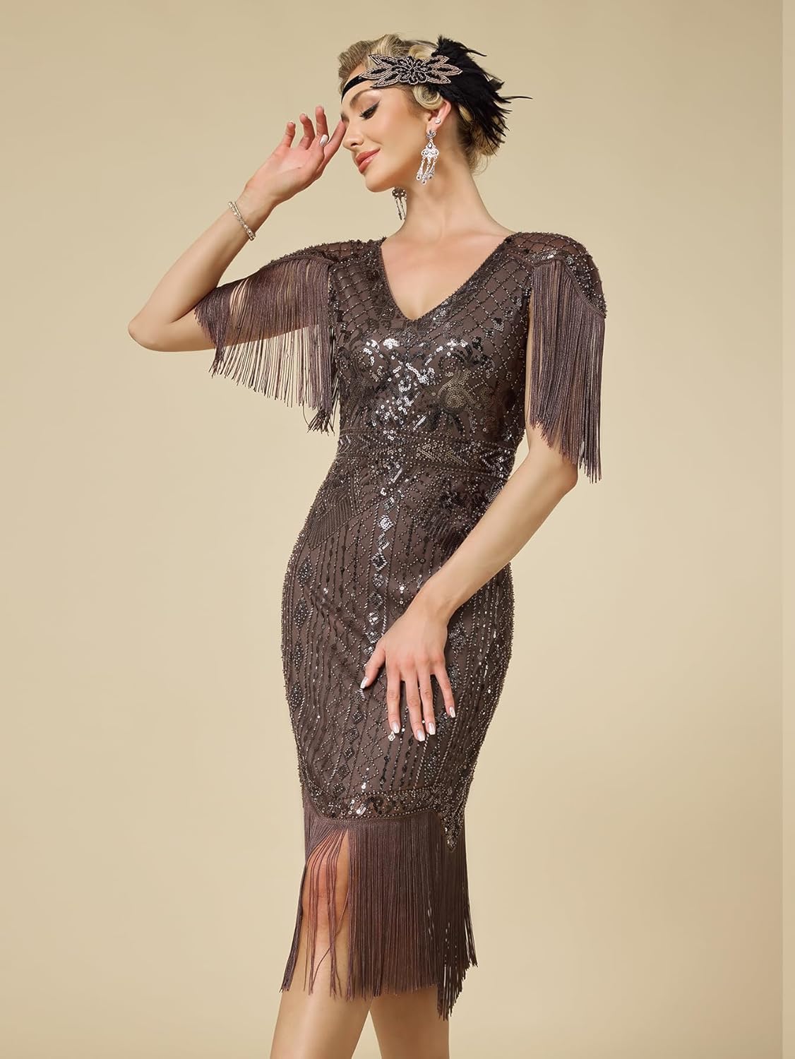 Women's Flapper Dresses 1920s V Neck Beaded Fringed Great Gatsby Dress