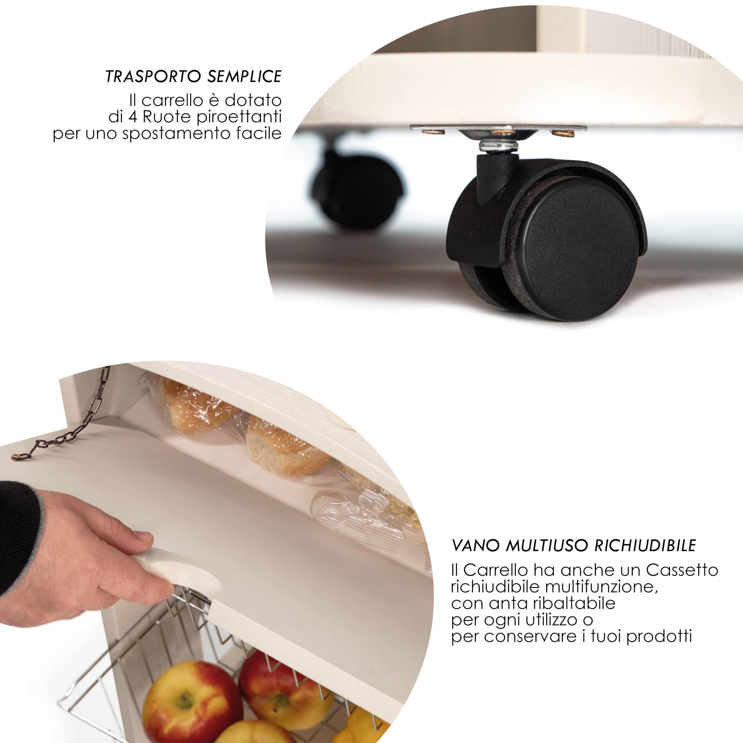 Lupia - Carrello Cucina Multifunzione Bianco WHITE ALBERO ABBRACCIO, Portafrutta Ruote Piroettanti, Piano di Appoggio, tre Cestelli Estraibili in Acciaio, Legno 40X45H85 cm montato