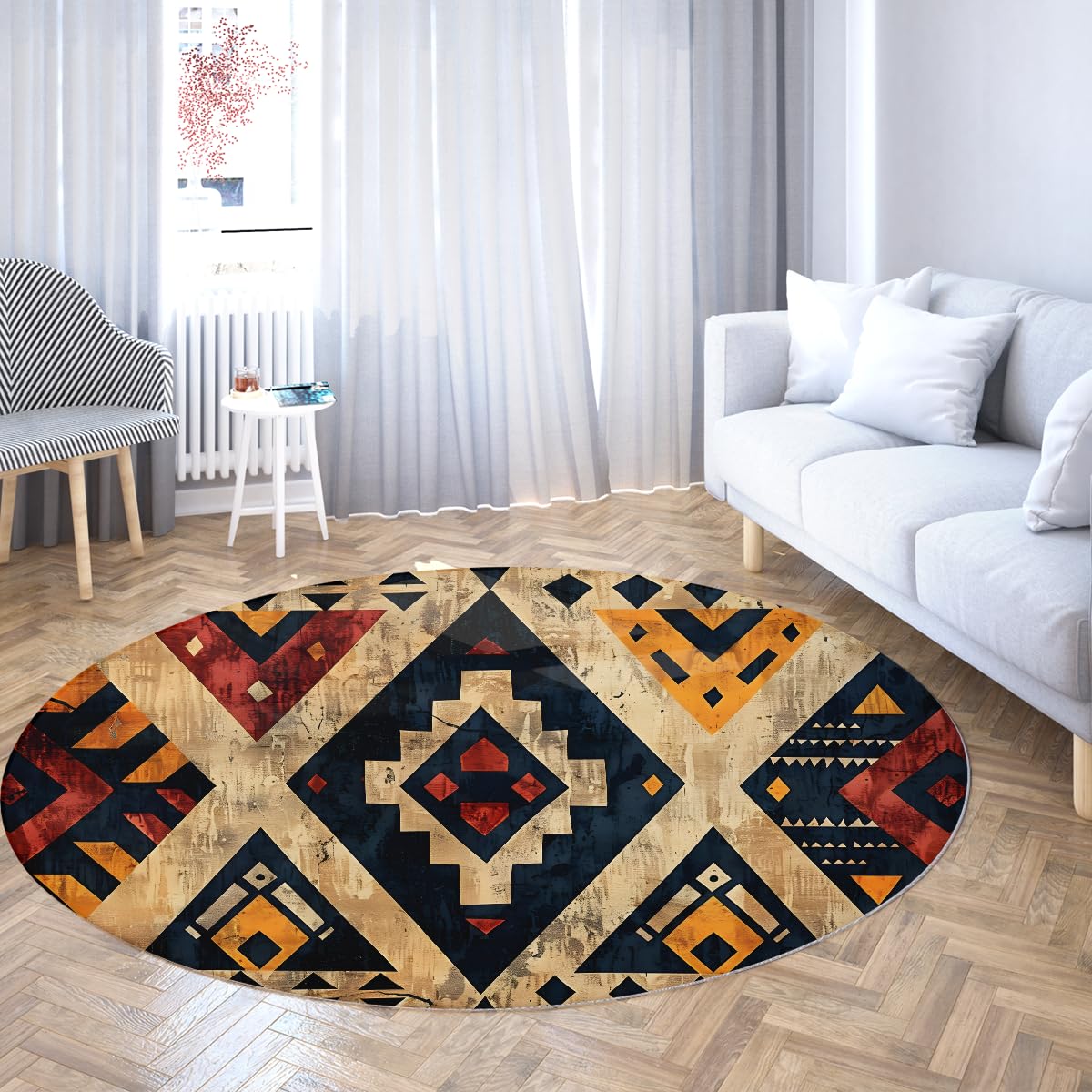 Dywaniki okrągłe 150 cm (okrągły) zmywalny dywan plemienny południowo-zachodni aztecki geometryczny wzór cienki dywan vintage boho etniczny styl dywany do salonu jadalni