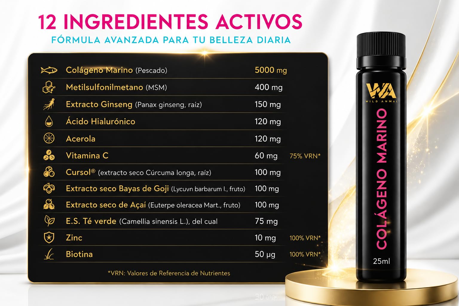 Colágeno Marino Bebible 5000 mg - Alta Dosis | 28 Viales x 25 ml | Con Ácido Hialurónico, MSM, Biotina y Vitamina C | Piel, Cabello y Uñas | Fabricado en España