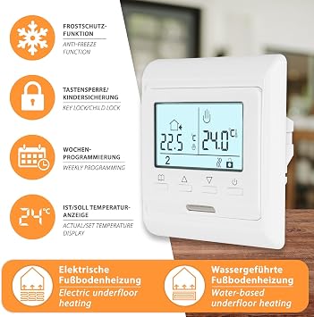 E51 Digital Thermostat Room Controller with Floor Sensor Illuminated Display 7-Day Weekly Program for Electric Underfloor Heating and NC Actuators