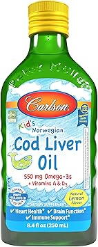 Carlson - Kid's Cod Liver Oil, 550 mg Omega-3s, Vitamins A & D3, Wild Norwegian, Lemon, 250 mL