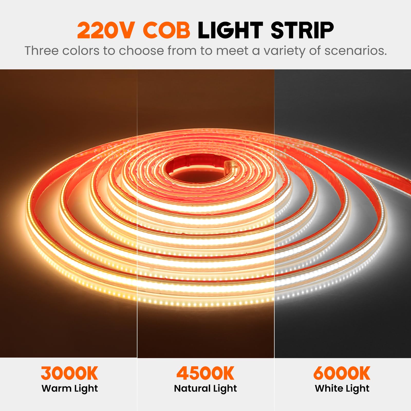 Tira LED COB regulable 220V [25m, Blanco Natural 4000-4500K],IP65 impermeable flexible,288 LEDs/m Mangueras LED FCOB cortable CRI85+,iluminación para dormitorio,cocina,sala de estar y tiendas