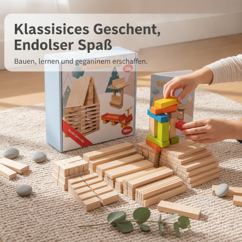 Bausteine aus für ab 3 Jahren - klötze Klötzchen mit Anleitung und Geschenkbox - zum Spielen, Bunt, 200 Stück