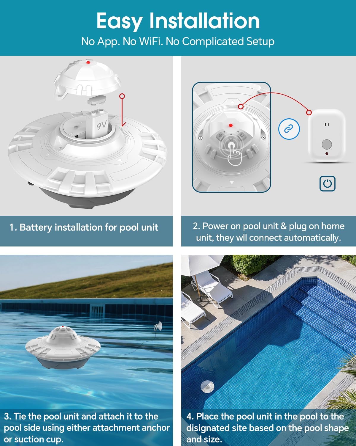 Pool Alarm for Inground & Above Ground Pools,Adjustable Sensitivity Water Detection Alarms Covers 20x40ft,85dB+ Safety Alert for Kids,Pets & Accidental Entry,Weatherproof UV&Corrosion Resistant WH&GR