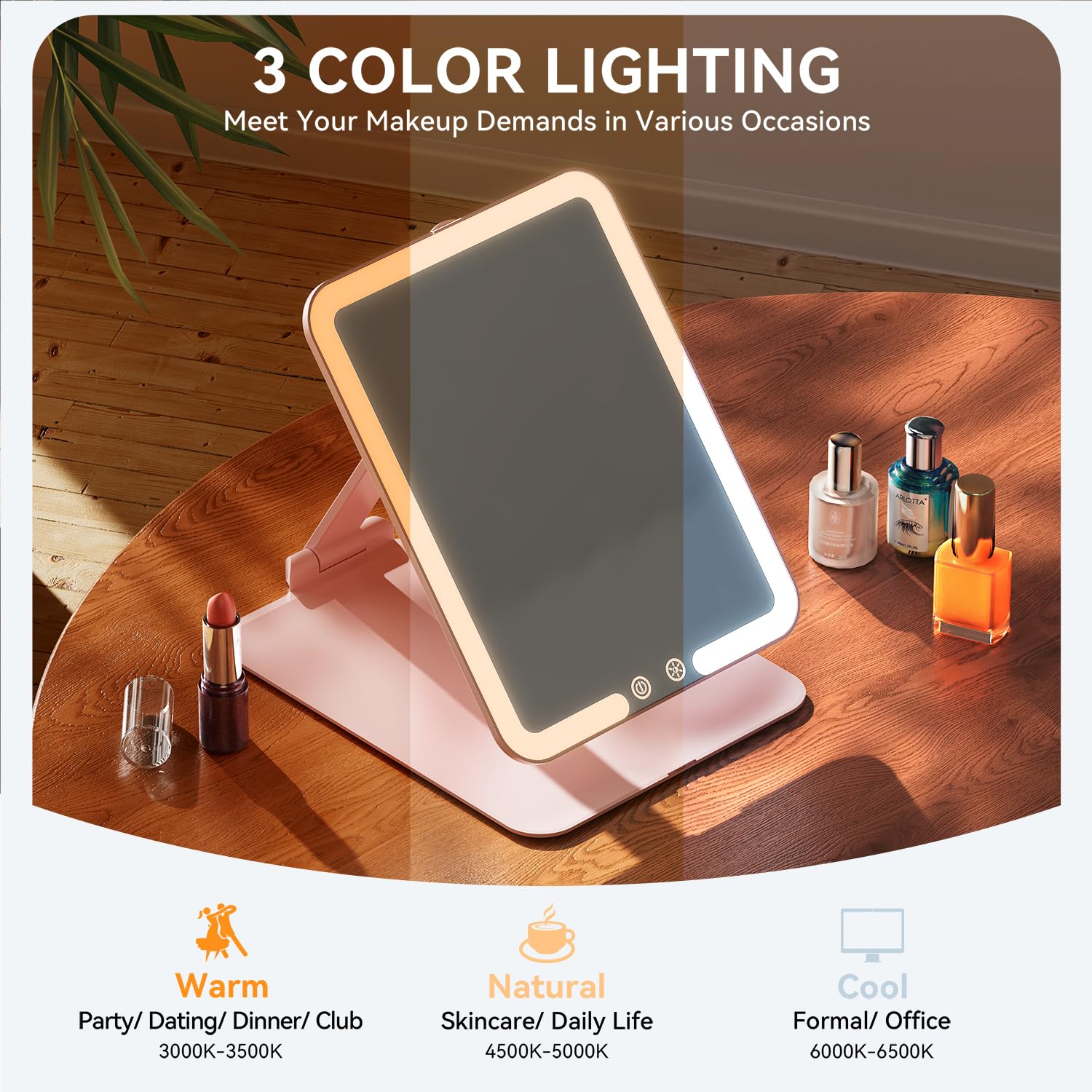 Auxmir Miroir Maquillage Lumineux Sur Pied - 46 LEDs, 3 Couleurs & Grossissant 10X Détachable, Rechargeable