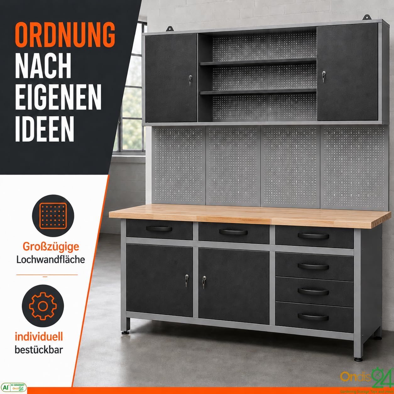 Ondis24 Karsten - Set da officina, 160 cm, banco da lavoro, armadietto da lavoro, pannello forato in faggio