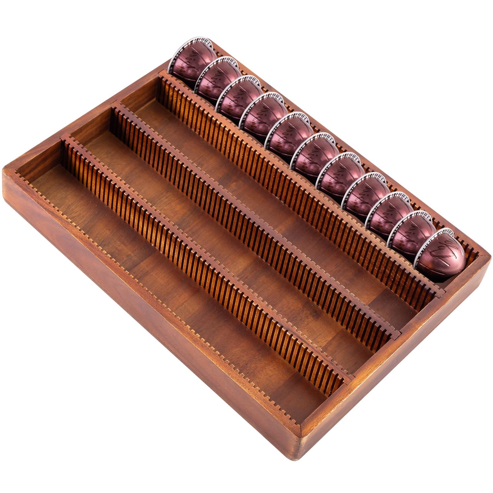 Photo 1 of similar to stock photo---------------------------Acacia Wood Coffee Pod Holder Tray Compatible with Nespresso Vertuo, Pods Organizer Drawer Insert, Storage, Stand, Container, Capsule Holder for Coffee Bar Countertop, 40 Big or 60 Small Pods Capacity