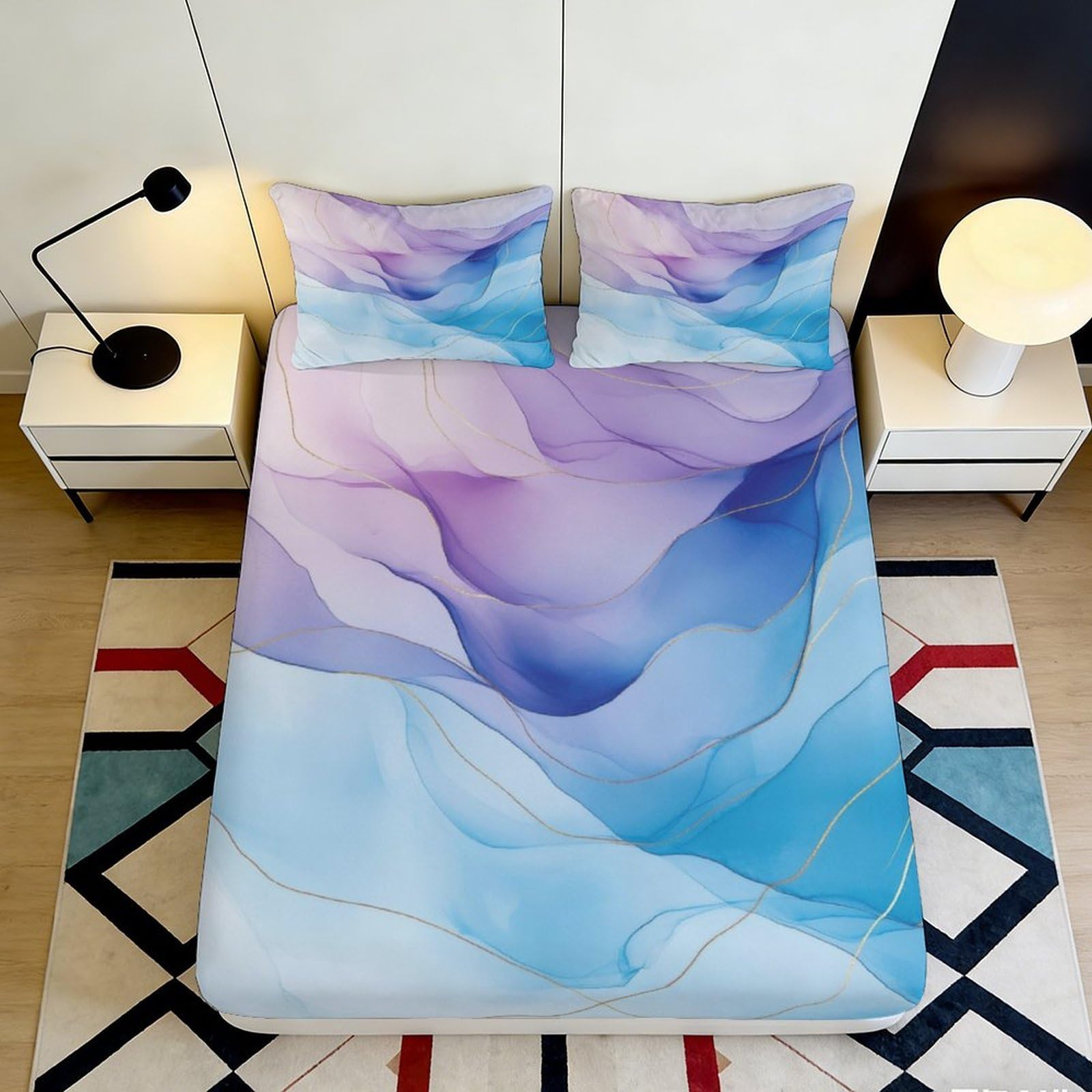 3D Printed Gradient Blue Fitted Sheet Microfiber Deep Pocket Non-Slip Bedroom Mattress Fitted Cover Soft Wrap for Adults Teens 160x200x25cm