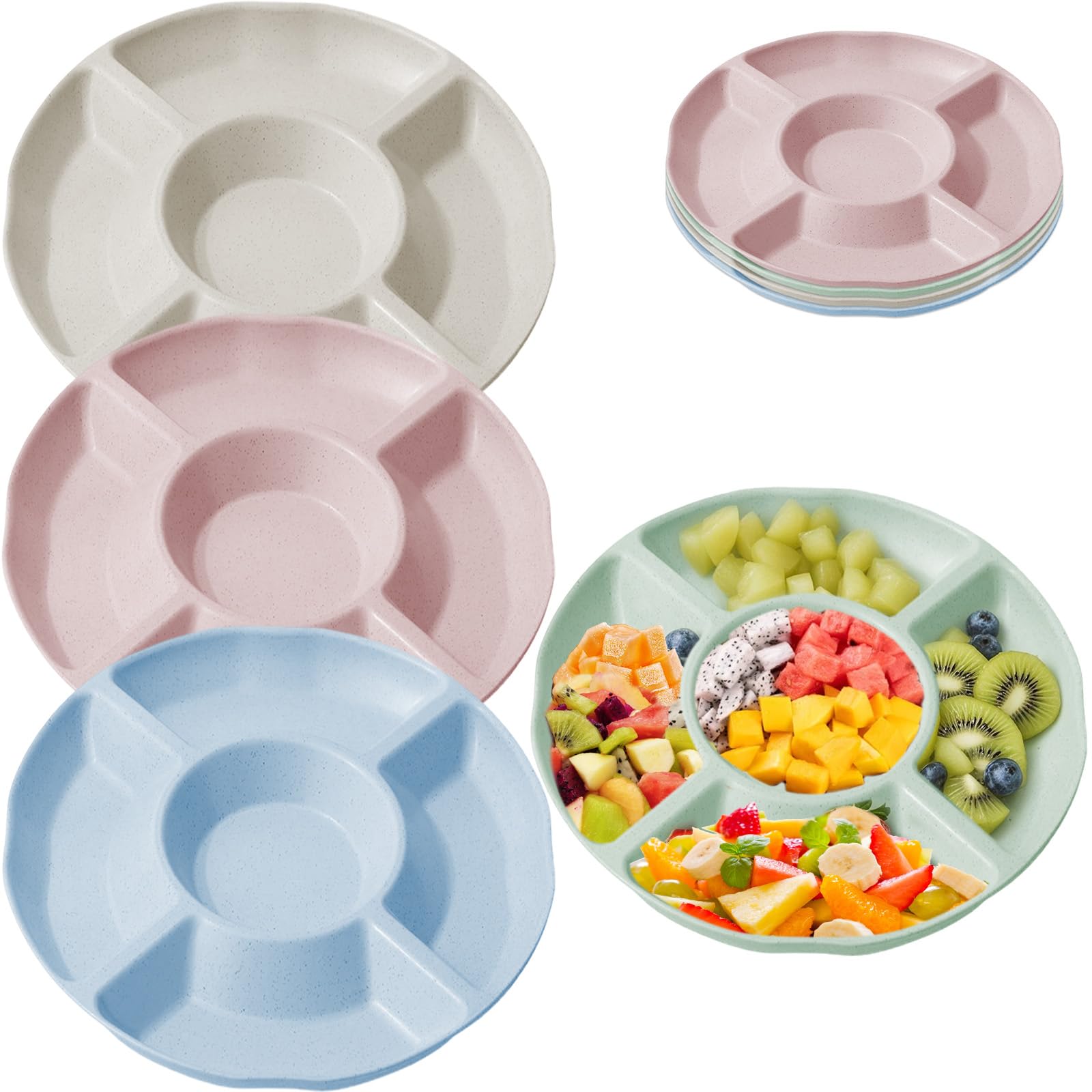 Snack Tray, 5 Grid Snack Tray, 23cm Colorful Circular Snack Divider, 4Pcs Machine Washable Snack Distribution Bowl Suitable for Family Gatherings Such as Fruit Trays Parties Cinemas and Buffets