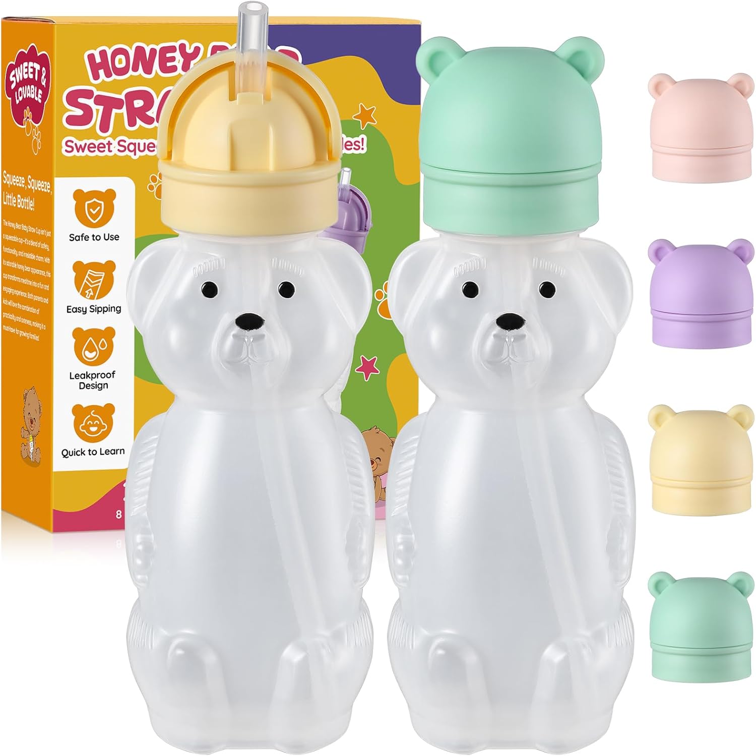 Upgraded 2 Pack Honey Bear Straw Cups for Baby - Flip-Top, Spill-Proof Design with Anti-Pullout & Pop-Up Straw - 8oz Squeezable Sippy Cup for Speech and Feeding Training, BPA-Free (Yellow & Green)