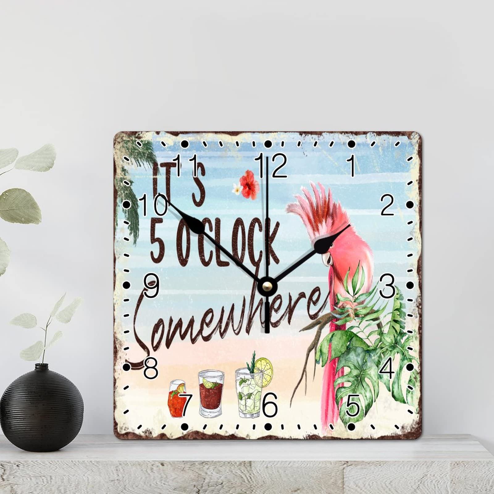 Horloge murale perroquet rustique en bois montre murale carrée de salon