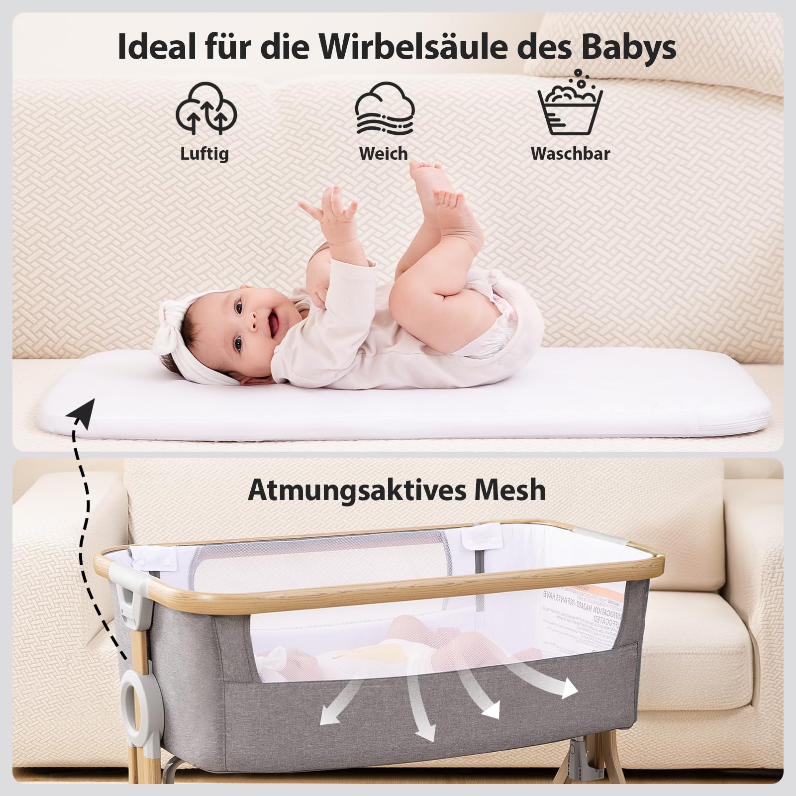 Larex Beistellbett Baby,3 in 1 Babybett mit Moskitonetz,Aufbewahrungstasche & Korb,5-stufig Höhenverstellbares Babybett,4 Räder mit Bremse,atmungsfreundliche Matratze & Mesh (Dunkelgrau)