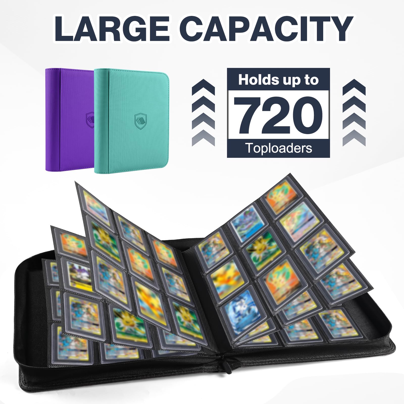 Confezione da 2 raccoglitori a caricamento superiore, contiene 720 Toploader, 108 Toploader e 150 custodie per carte incluse, raccoglitore a 9 tasche per caricatori dall'alto rigidi da 7,6 x 10,2 cm