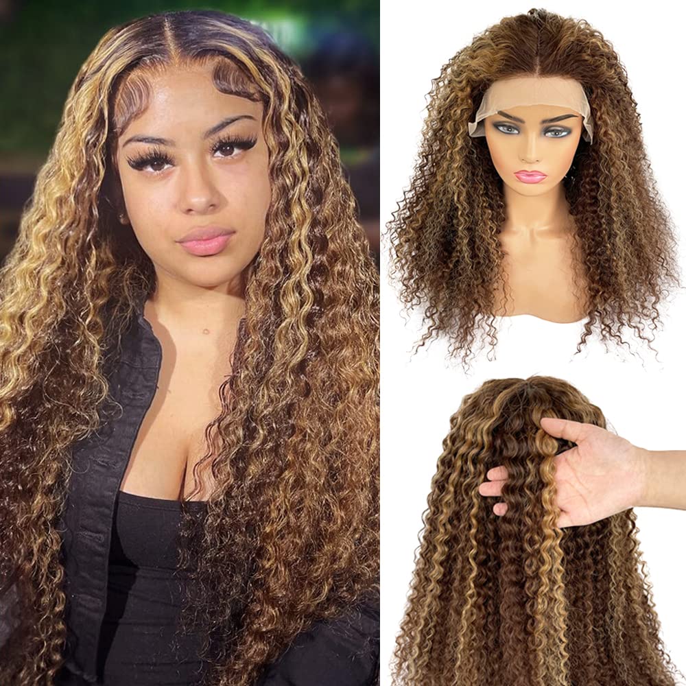 Blonde Highlights Human Hair Lace Front Wigs for Black Women Pre Plucked Hairline with Baby Hair 13x1 T Part Real Human Hair Lace Wigs Bleached Knots Chocolate Brown Mixed Caramel Blonde Wig 16 Inch