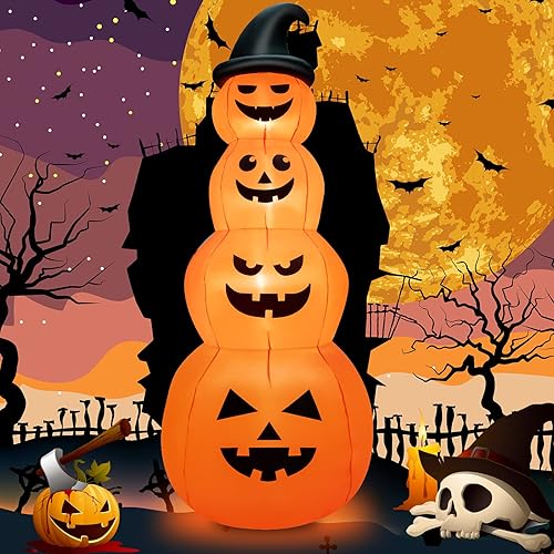 GOFLAME Calabazas inflables apiladas de Halloween de 8 pies con sombrero de bruja, decoración navideña inflable con luces LED integradas, soplador