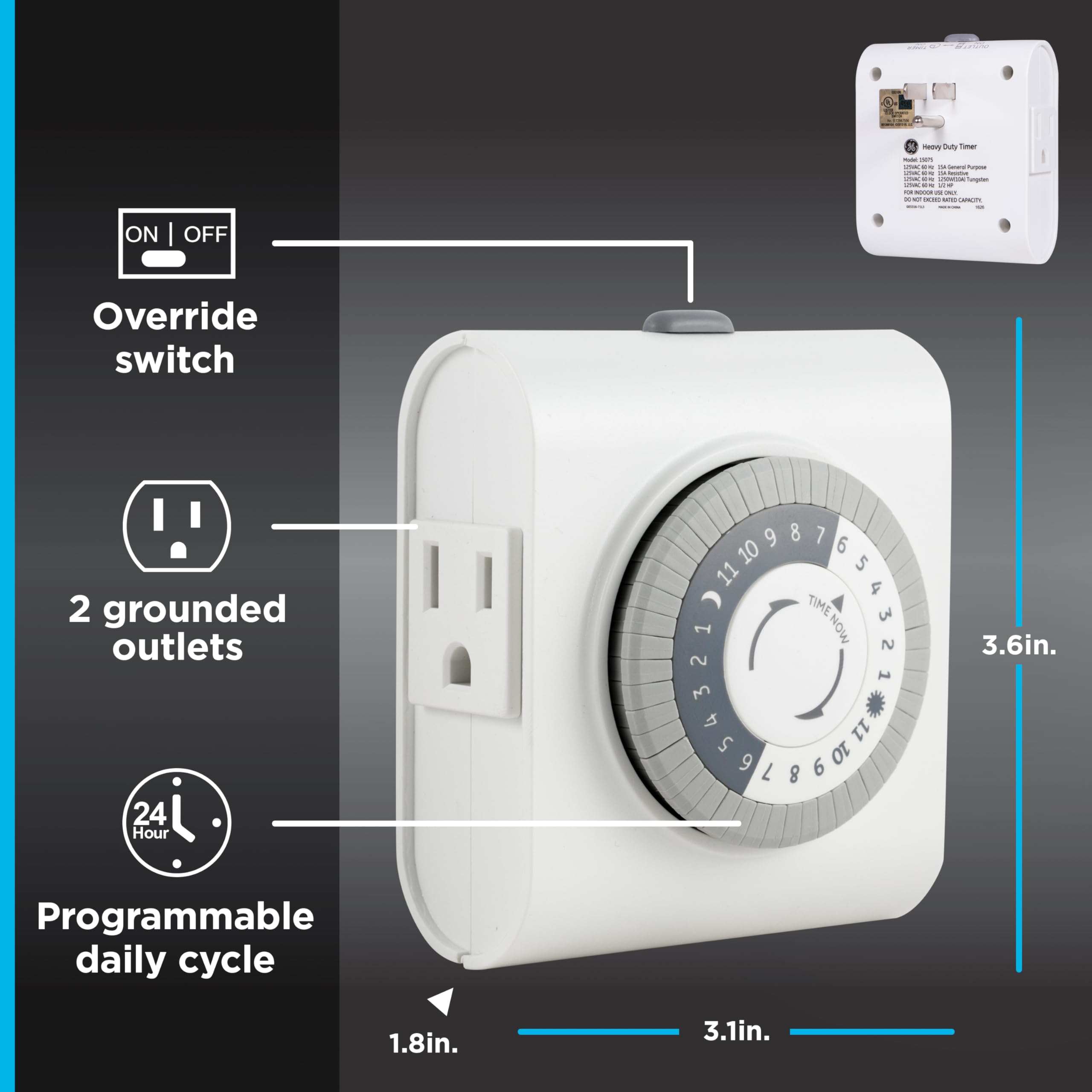 GE 24‑Hour Mechanical Outlet Timer Switch, Dual Grounded Plug‑in