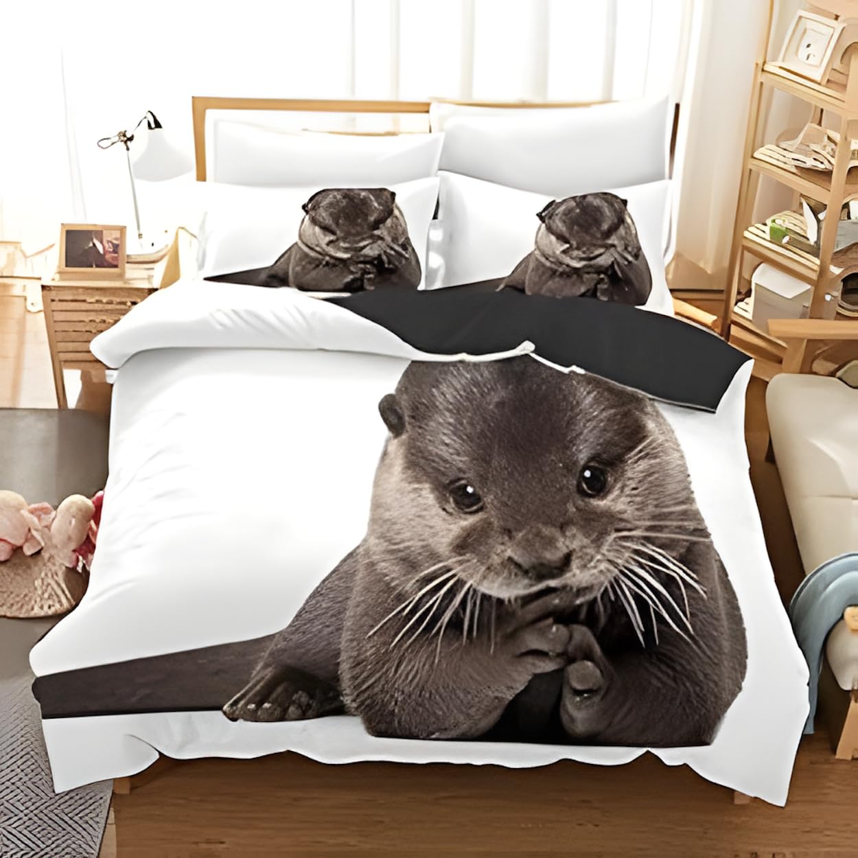 Qiwagu Otter Duvet Cover King Size, Soft Reversible Quilt Cover with Animals Pattern, King Size Bedding Sets Microfibre with Zipper Closure, Comforter Cover and 2 Pillowcases, 230x220 cm, Z04