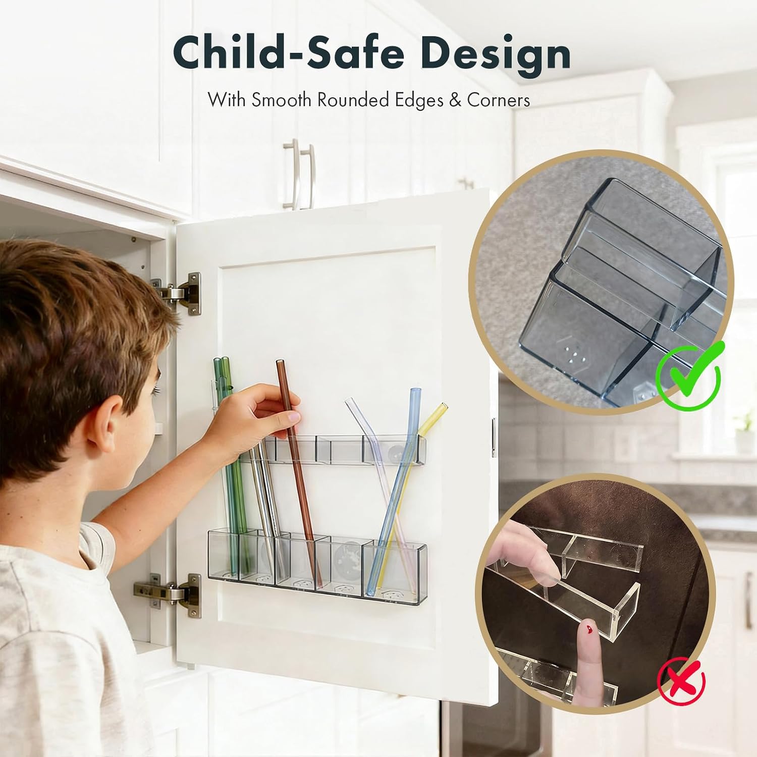 Acrylic Straw Holder for Cabinet Door - Child-Safe Organizer & Dispenser with Smooth Rounded Edges for Kitchen Accessories Storage, Adhesive Circles Included (Dark Transparent)