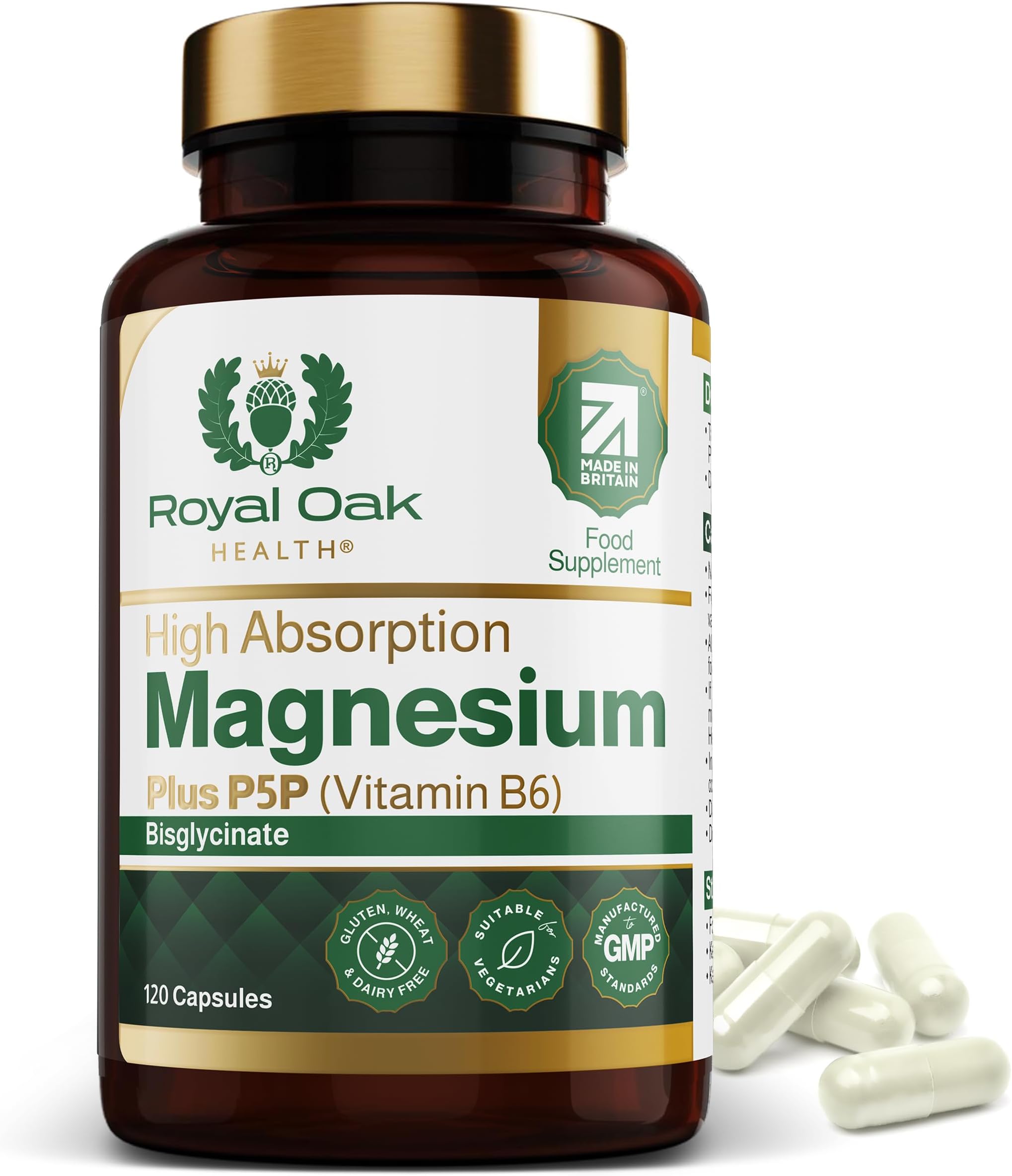 Magnesium Bisglycinate 200mg Plus P5P Vitamin B6 x120 Capsules | Advanced Chelated Formula for Optimal Absorption 200mg of High Strength Elemental Magnesium - Vegan & UK Made by Royal Oak Health
