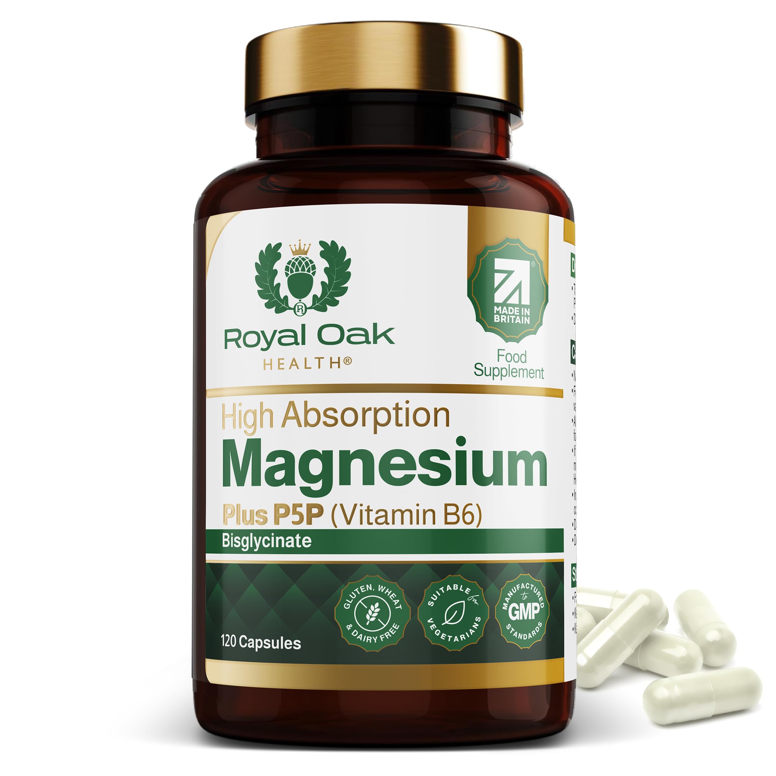 Magnesium Bisglycinate 200mg Plus P5P Vitamin B6 x120 Capsules | Advanced Chelated Formula for Optimal Absorption 200mg of High Strength Elemental Magnesium - Vegan & UK Made by Royal Oak Health