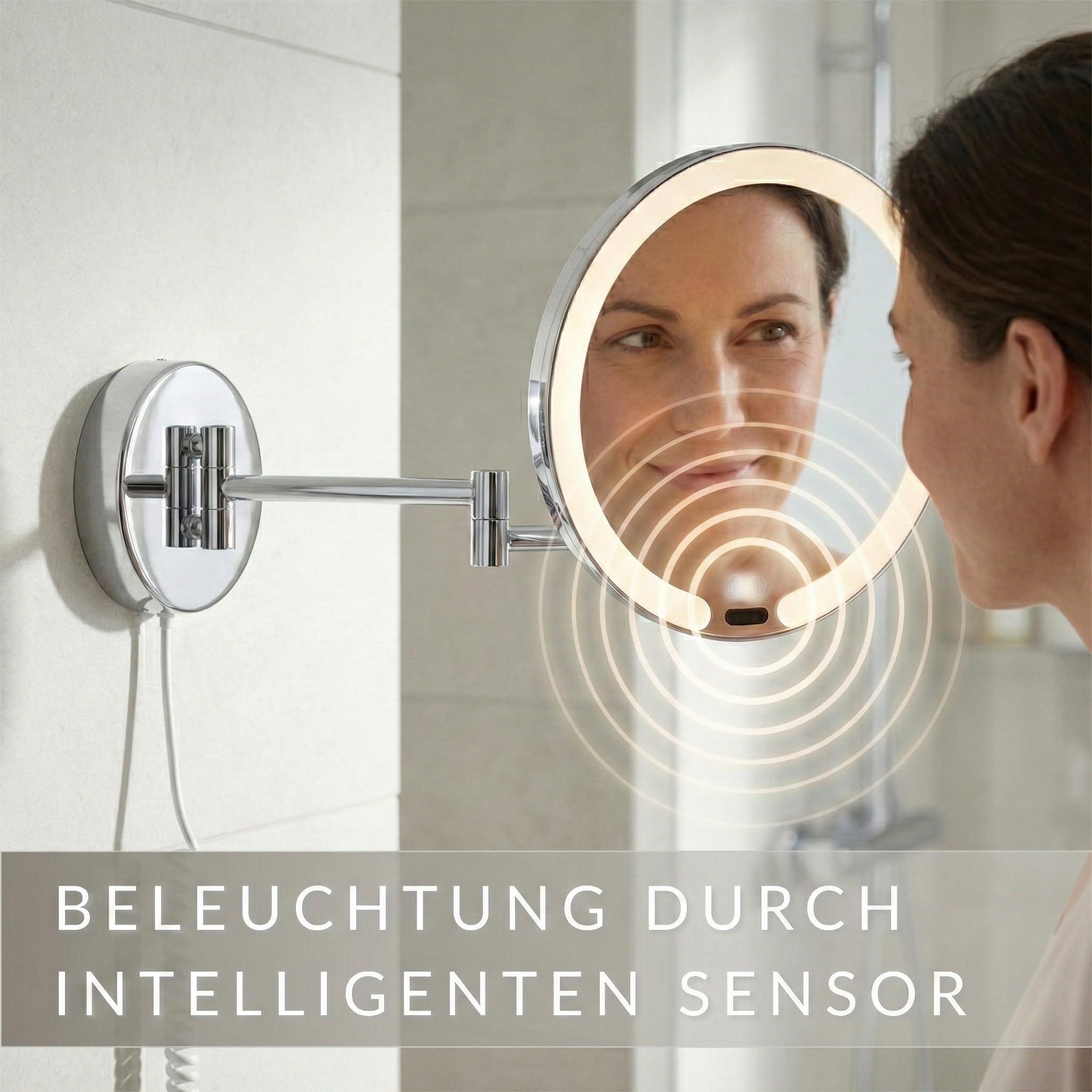 LED Kosmetikspiegel Vittoria – 7-facher Vergrößerungsspiegel mit Sensor & Dimmer – runder Schminkspiegel mit automatischer LED-Beleuchtung, ausziehbarem Gelenkarm & weißem Kabel, Wandmontage