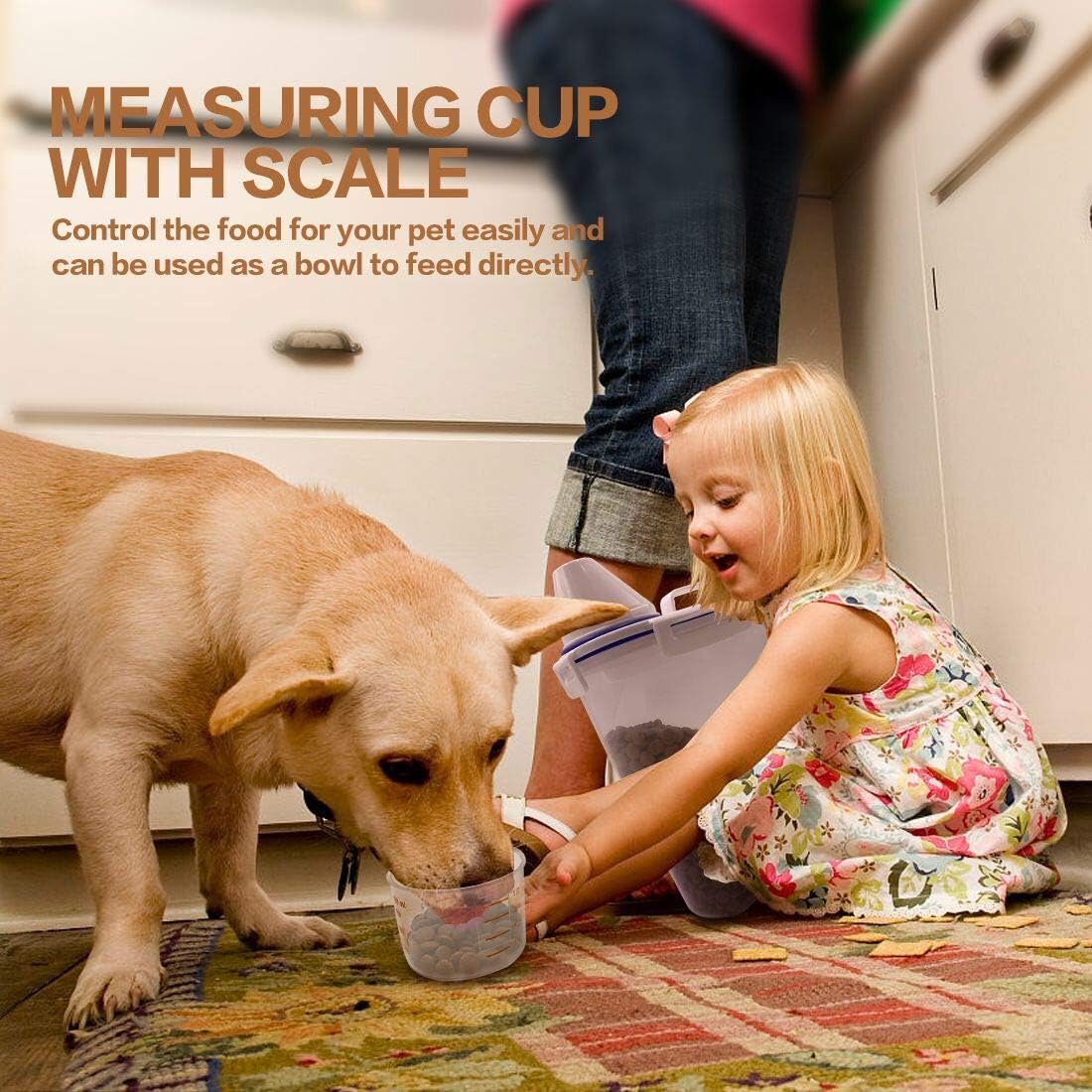 TIOVERY Pet Food Storage Container, Small Dog Food Container Airtight Plastic Dispenser with Graduated Measuring Cup, Pourable Spout and Portable Collapsible Dog Bowl for Cats Birds Seed : Pet Supplies