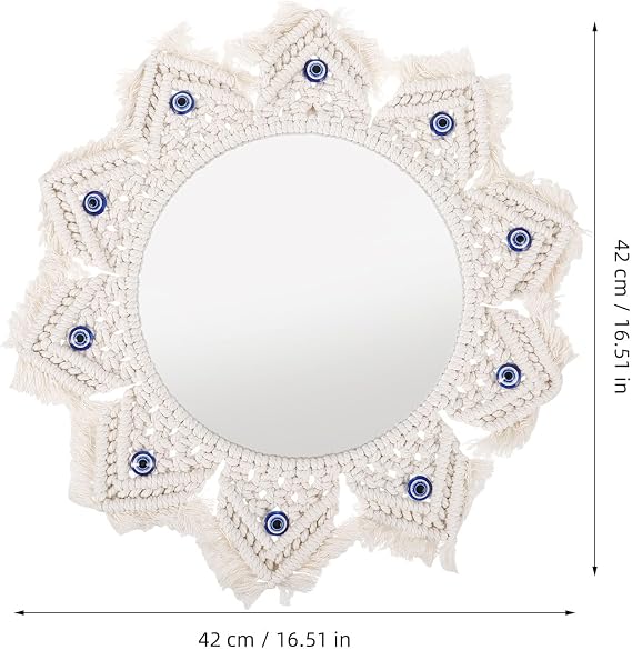 SHINEOFI Boho Decorative Evil Eye Wall Mirror with Cotton Rope Woven Tapestry, Makeup Mirror Featuring Exceptional Clarity and Nordic Minimalism Style for Bedroom or Living Room Wall