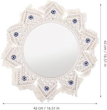 SHINEOFI Boho Decorative Evil Eye Wall Mirror with Cotton Rope Woven Tapestry, Makeup Mirror Featuring Exceptional Clarity and Nordic Minimalism Style for Bedroom or Living Room Wall